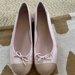 Chanel pink and tan ballerina flats.